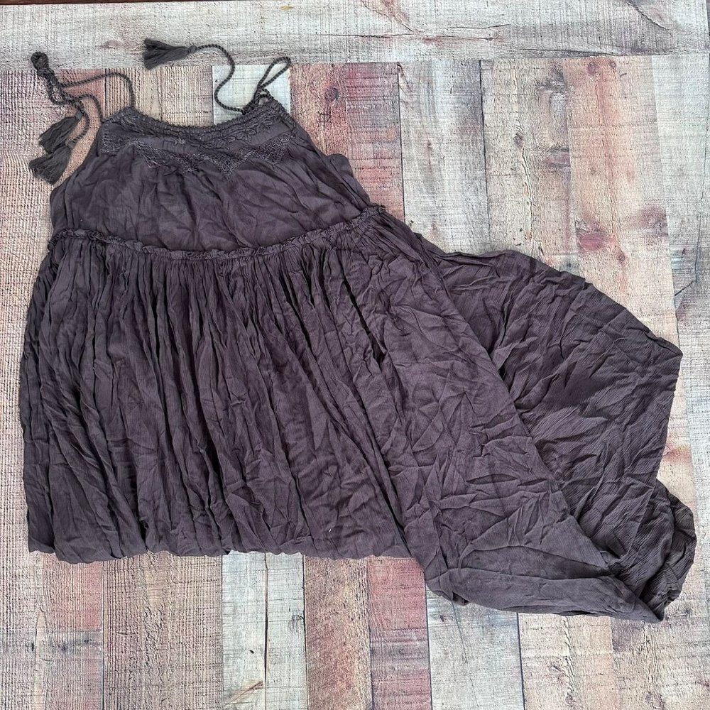 Talisman Brown lace knit gypsy dress with tassels women's large